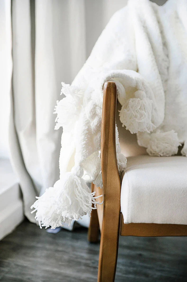 Braided Pom Pom Throw Off White