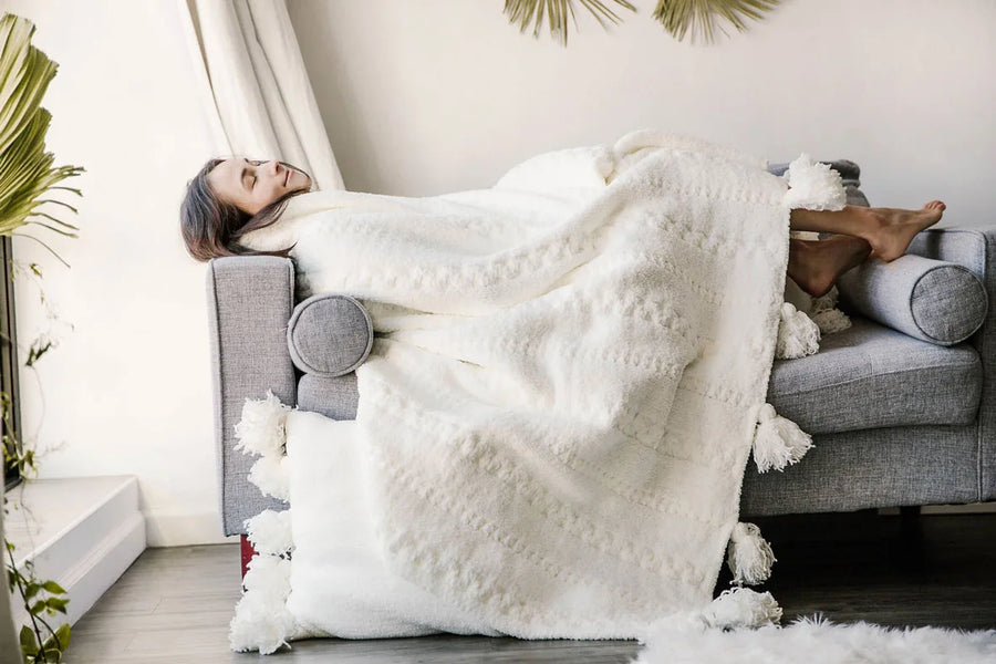 Braided Pom Pom Throw Off White