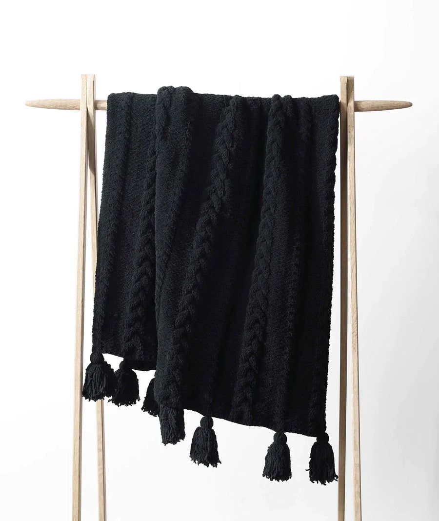 Braided Pom Pom Throw Black