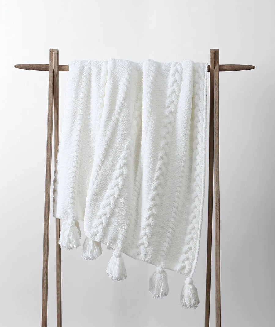 Braided Pom Pom Throw Off White