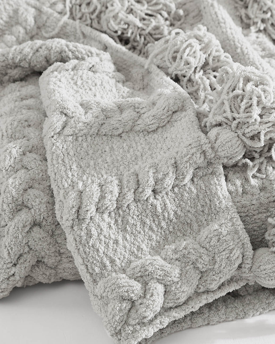 Braided Pom Pom Throw Cloud Gray