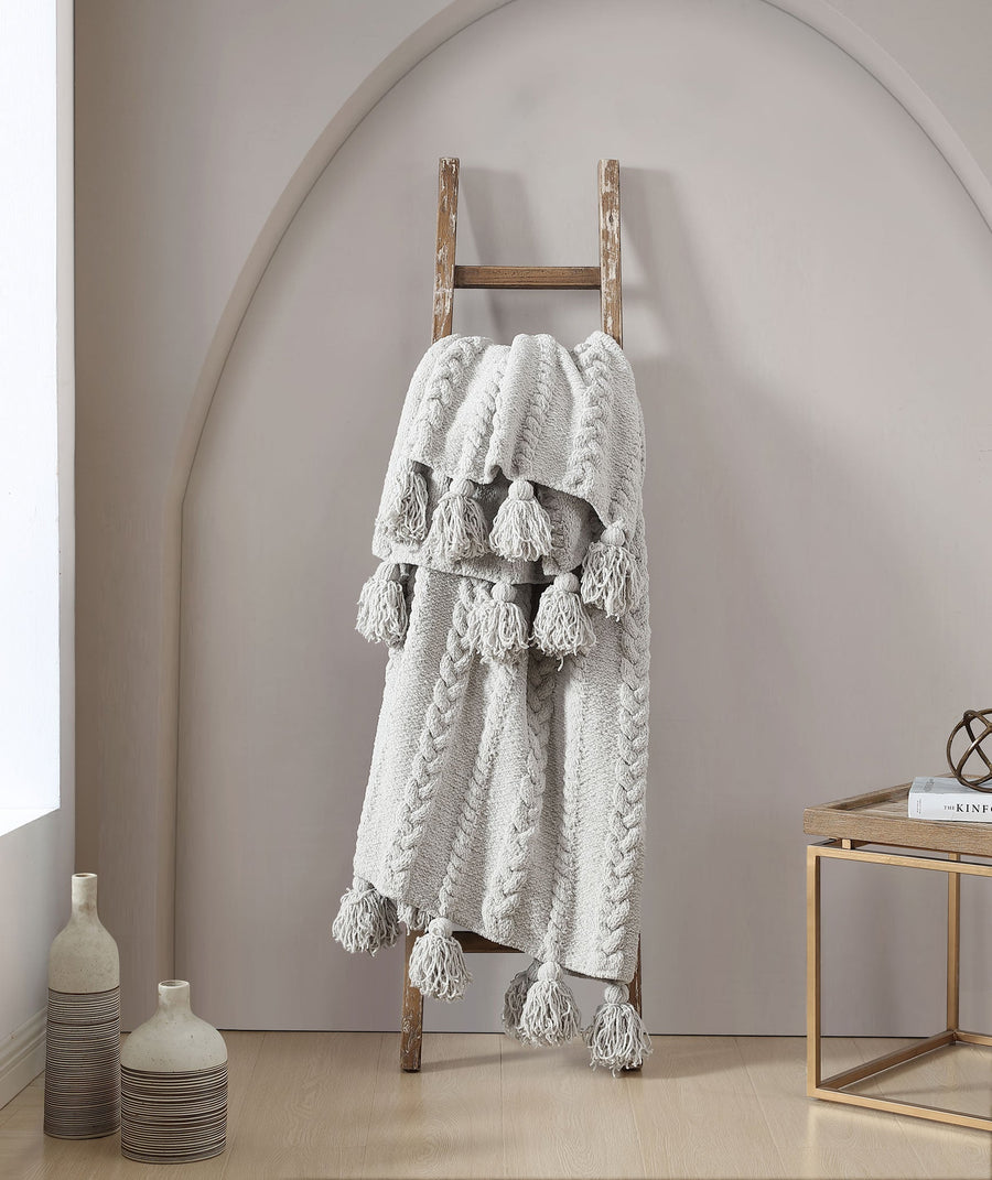 Braided Pom Pom Throw Cloud Gray