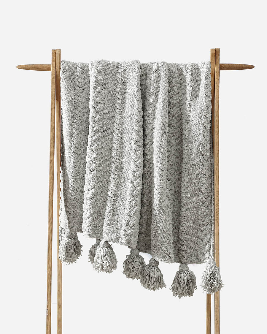 Braided Pom Pom Throw Cloud Gray